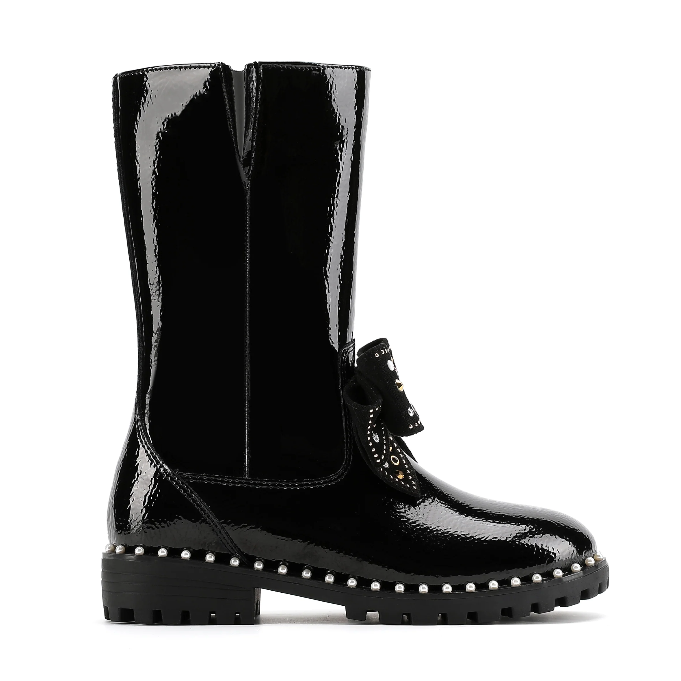 Kensington High Leg Bow Boot - Big Kid Black Patent